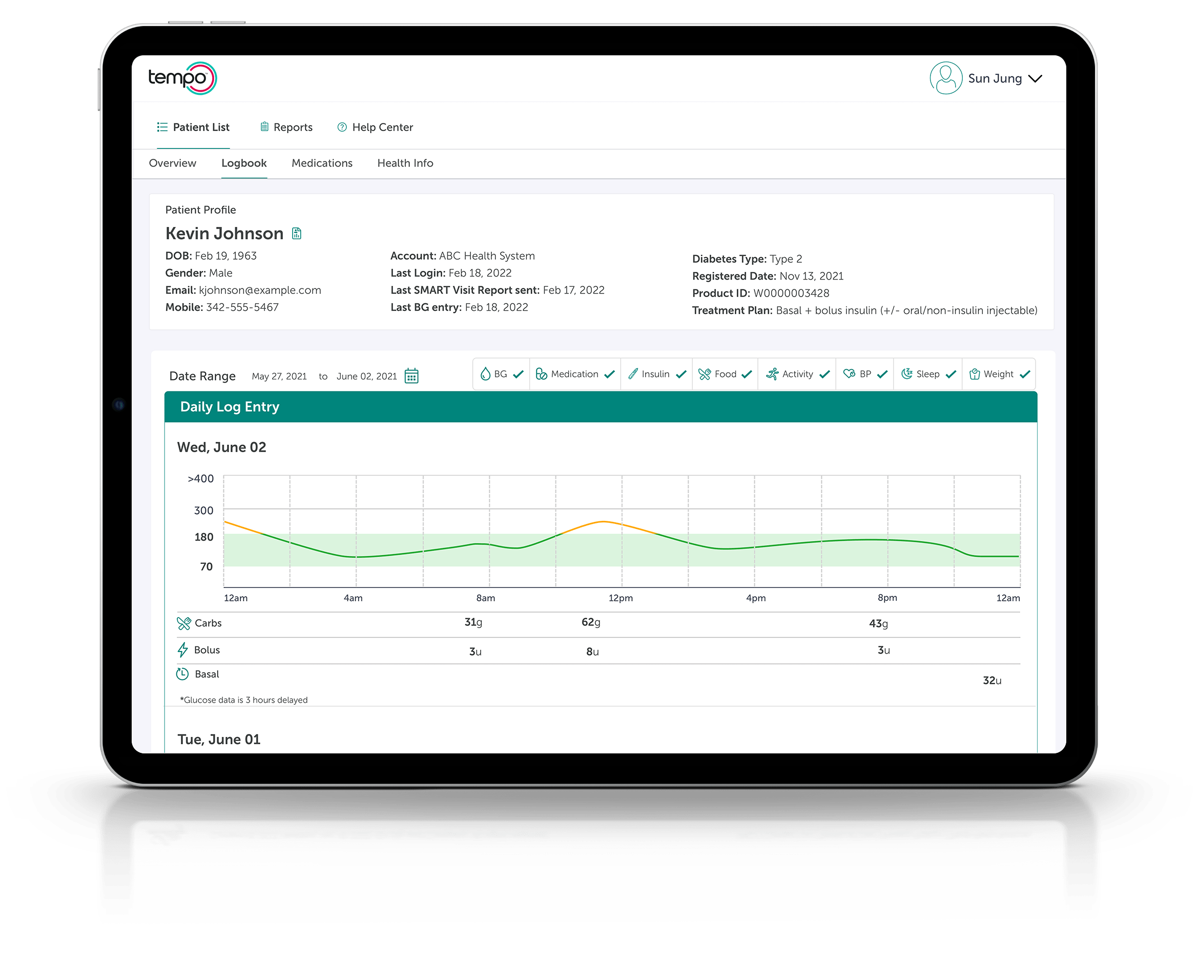 Tempo Insights screens populate on a tablet screen as the user scrolls through corresponding features