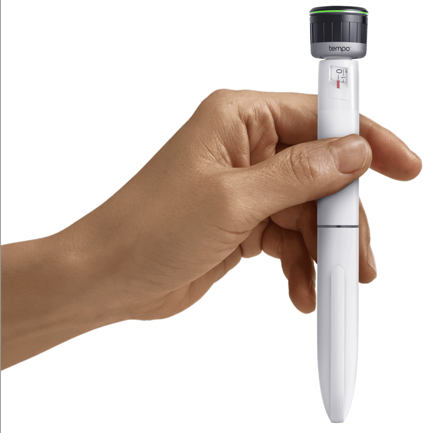 A hand is holding a Tempo Pen with the Tempo Smart Button attached