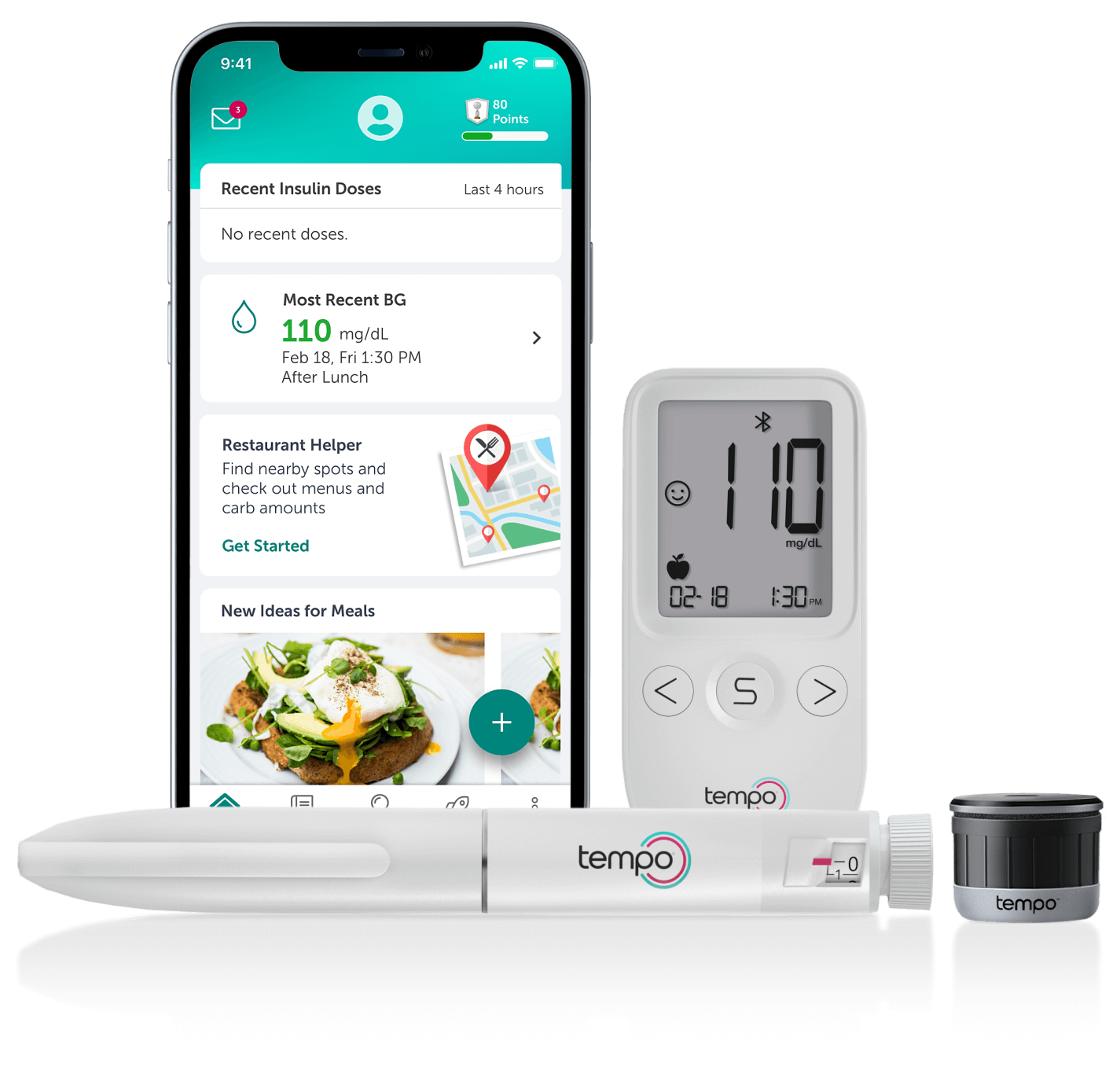 Product images including a smartphone device, blood glucose monitor, insulin pen, and Tempo Smart Button