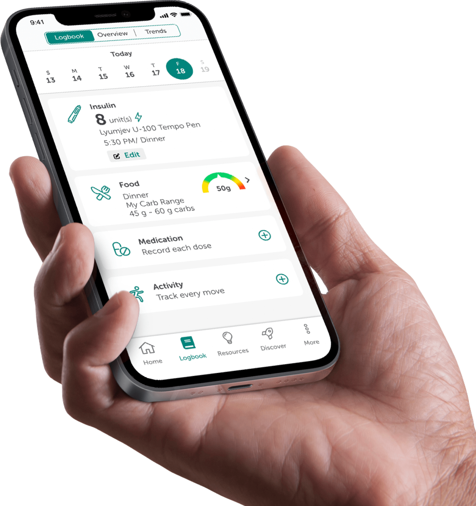 The TempoSmart app shows patient Logbook on a smartphone