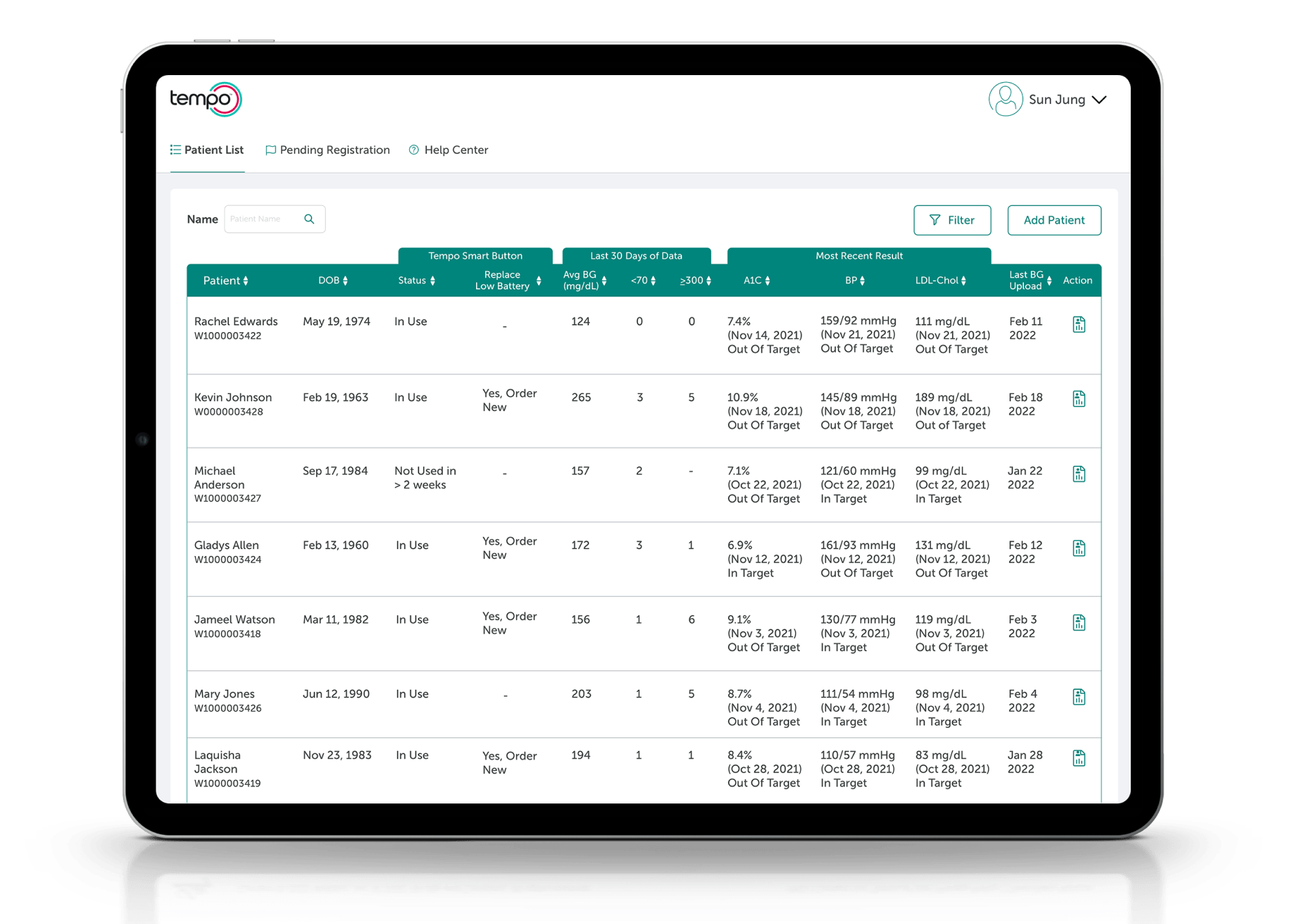 Tempo Insights screens populate on a tablet screen as the user scrolls through corresponding features